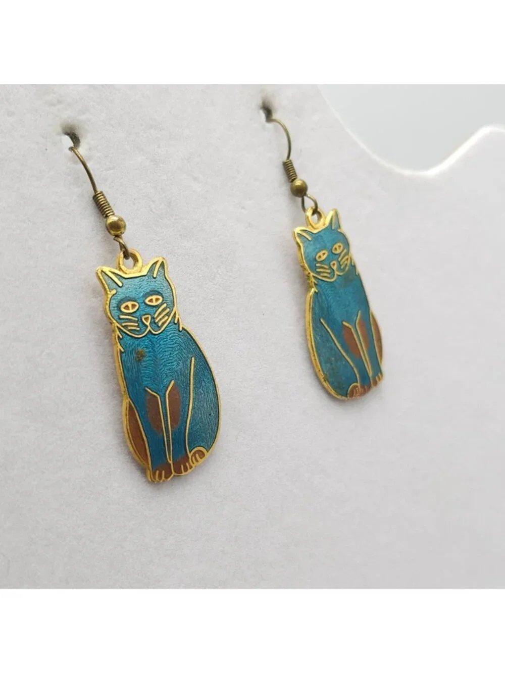 Cat Themed Vintage Blue Enamel Gold Tone Drop Earrings With Fishhook Backs